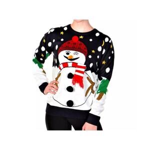 Women's Slim Fit Ugly Christmas Sweater Santa’s Snowman 3D Nose & Scarf New